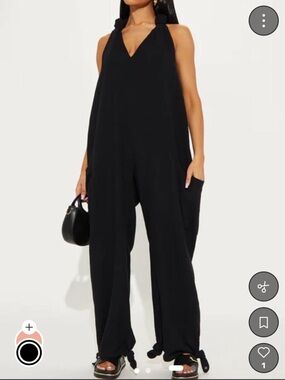 Fashion Nova Black V-Neck Wide-Leg Tie-Hem Jumpsuit
